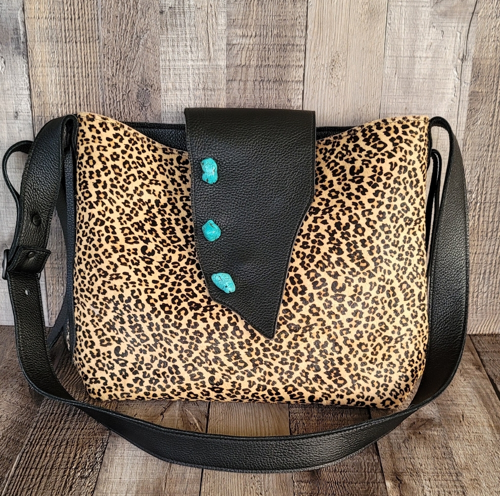 Leopard Hair on Cowhide Leather Purse 11x13x4 Cowgirl Western